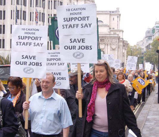 PCS members marching in central London against attacks on jobs and pensions on October 12 last year