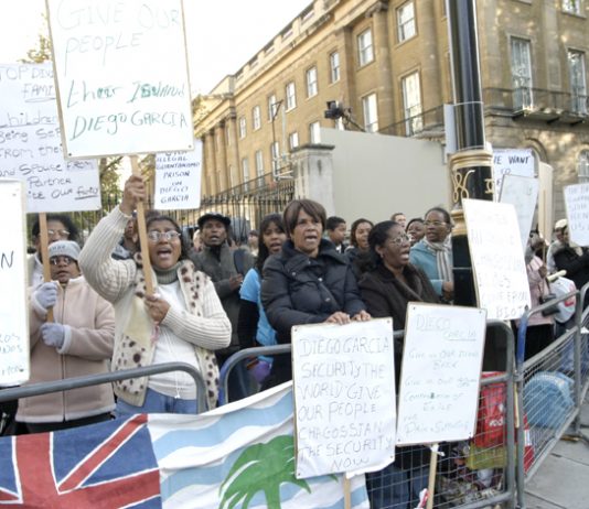 Chagos Islanders picketing Downing Street demanding their right to return to their homes