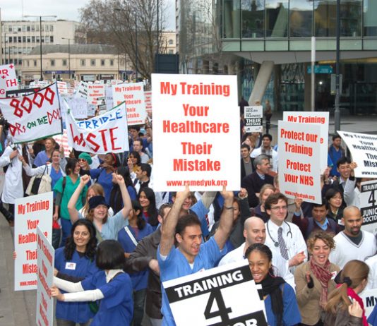 Junior doctors march against the government’s disastrous imposition of the Medical Training and Application Service proposals which have left thousands without jobs