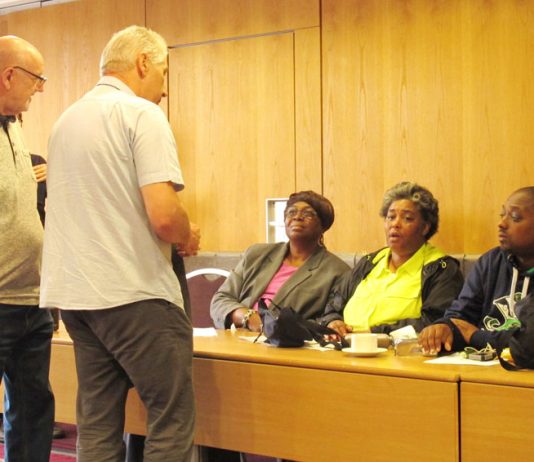 Unite members discuss with Teamsters union members at National Expresss subsidiary, Durham School Services, EVELINA MOULTRIE (South Carolina) PATRICIA CHILLIS (Illinois), and LESTER HAWTHORNE (Florida)