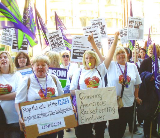 A busload of Care UK workers demonstrated on Wednesday outside Bridgepoint Capital private equity company that is seeking to slash their wages and jobs