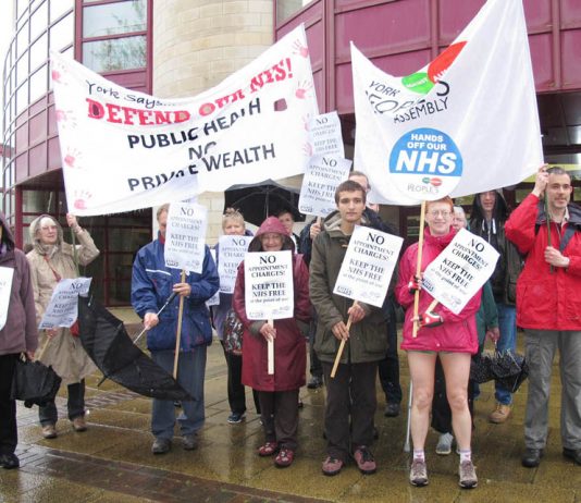 ‘KEEP THE NHS FREE’ demonstrators greet delegates to the GP conference in York – delegates voted for that policy