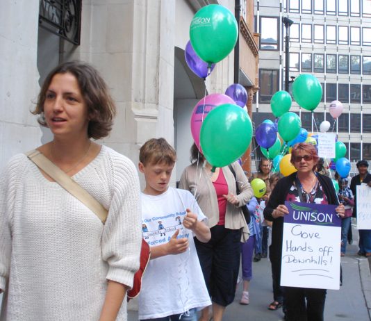 Parents and pupils from the Downhills School lobbying the Department of Education against the school being taken over by Harris