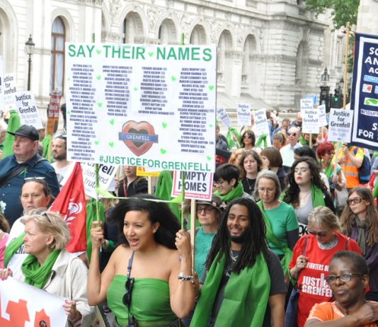 Front of this month’s mass march in central London – the FBU have defended firefighter Mike Dowden after he appeared at the Grenfell Inquiry