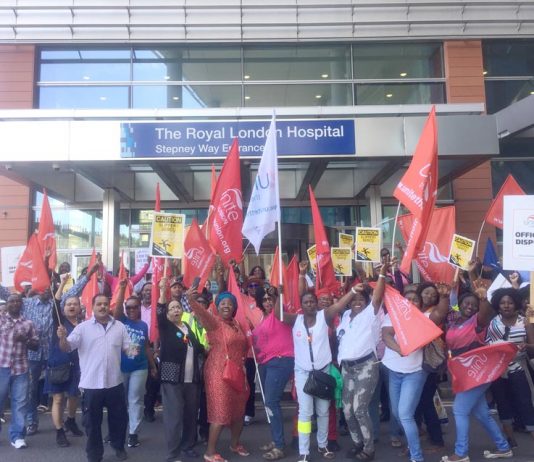 Serco workers outside the Royal London Hospital during strike action last year – Serco have now been awarded Carillion’s contracts