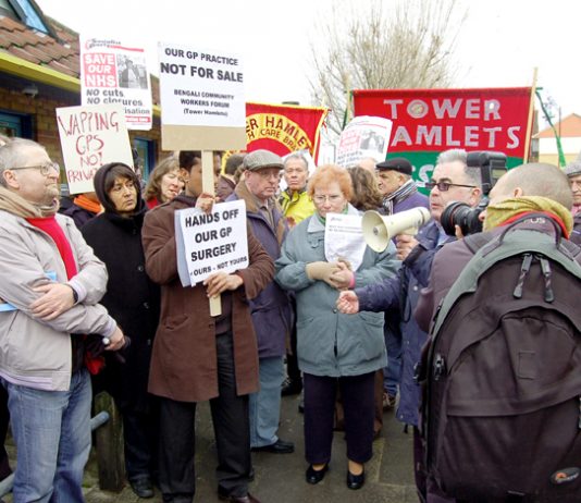 Demonstration in Tower Hamlets in January 2008 against the privatisation of GP surgeries