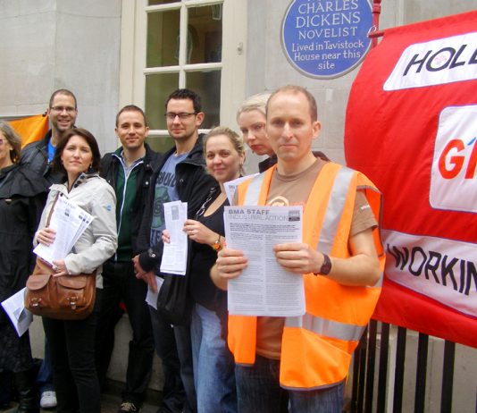 GMB members on strike outside the BMA head office in Tavistock Place, central London, yesterday