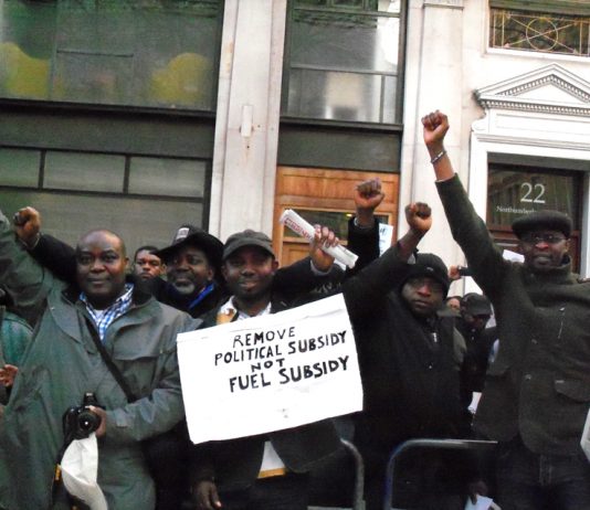 Part of a mass lobby of the Nigerian Embassy in London on Friday which insisted that the fuel subsidy must be reinstated