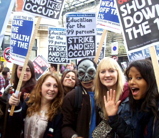 School youth marching to demand the reinstatement of the Education Maintenance  Allowance – the collapse of the retail industry is making it much more difficult for school leavers and youth to get jobs