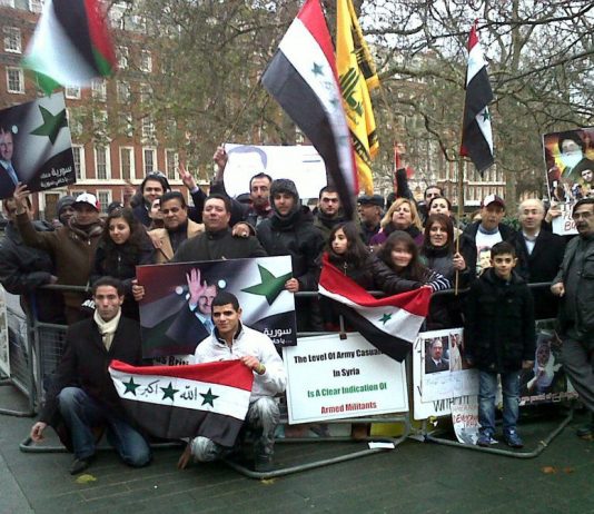 Syrians demonstrating outside the US embassy in London against a NATO intervention in their country