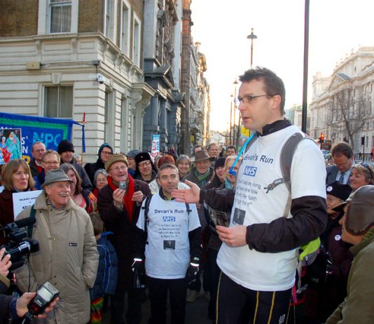 Consultant CLIVE PEEDELL addressing the crowd outside Richmond House in Whitehall, London, yesterday