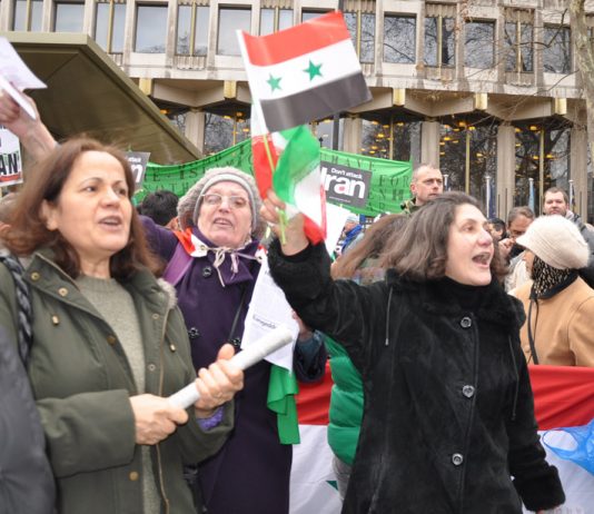 Demonstrators outside the US embassy on Saturday demanding no military intervention against Syria or Iran