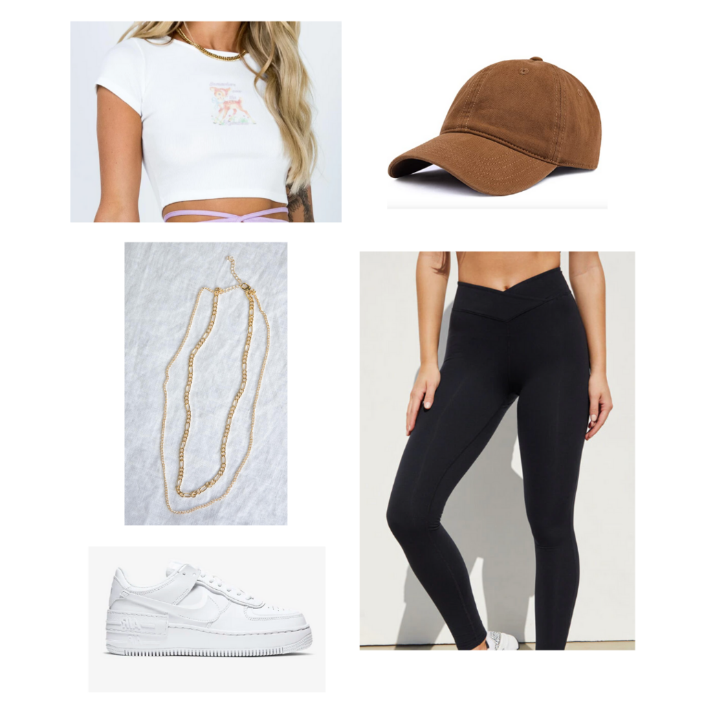 Crop top outfit #1: Black leggings, Nike Air Force 1s, gold necklaces, white crop top, brown dad hat