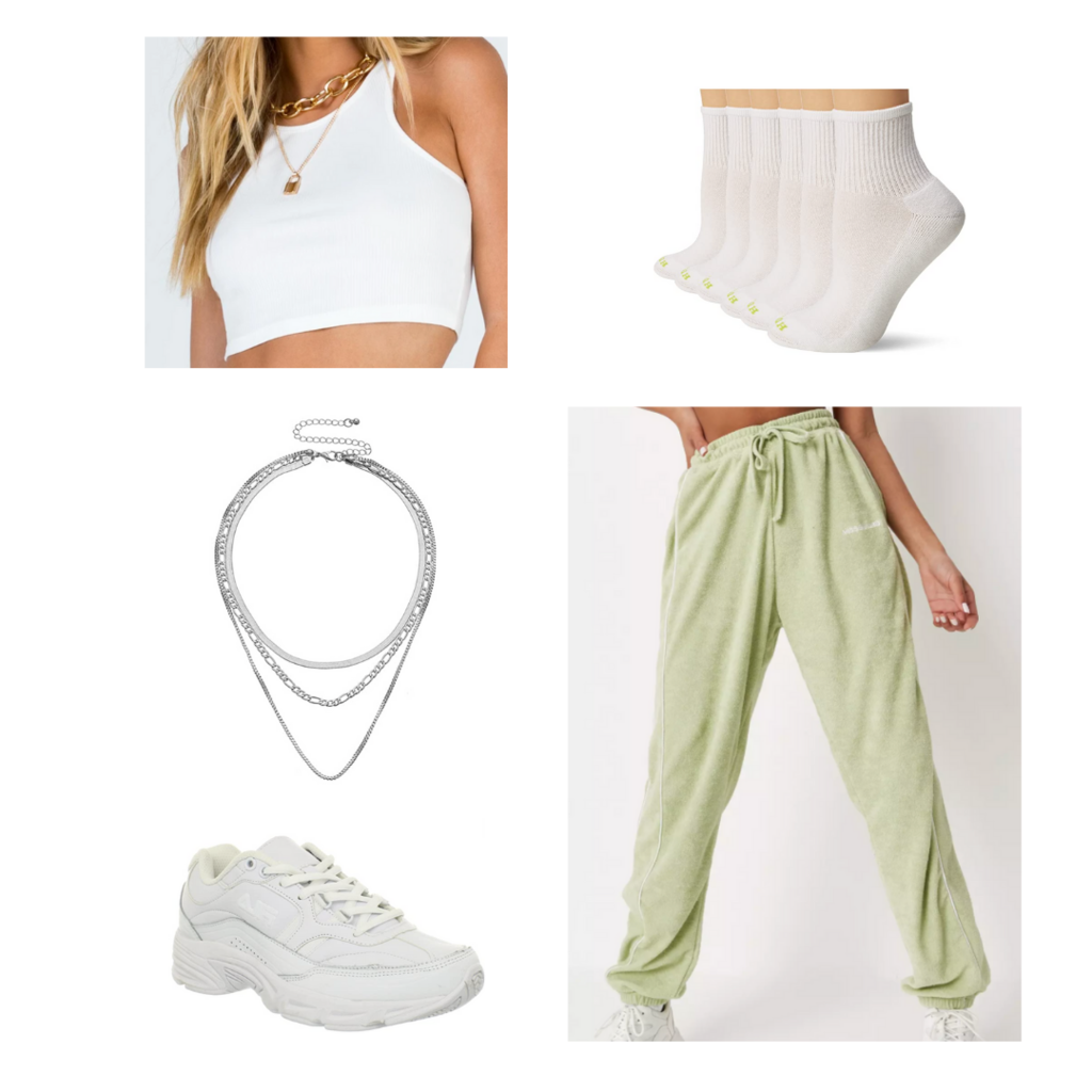 Crop top outfit #2: White cropped tank, green sweatpants, white sneakers, silver necklaces, white ankle socks