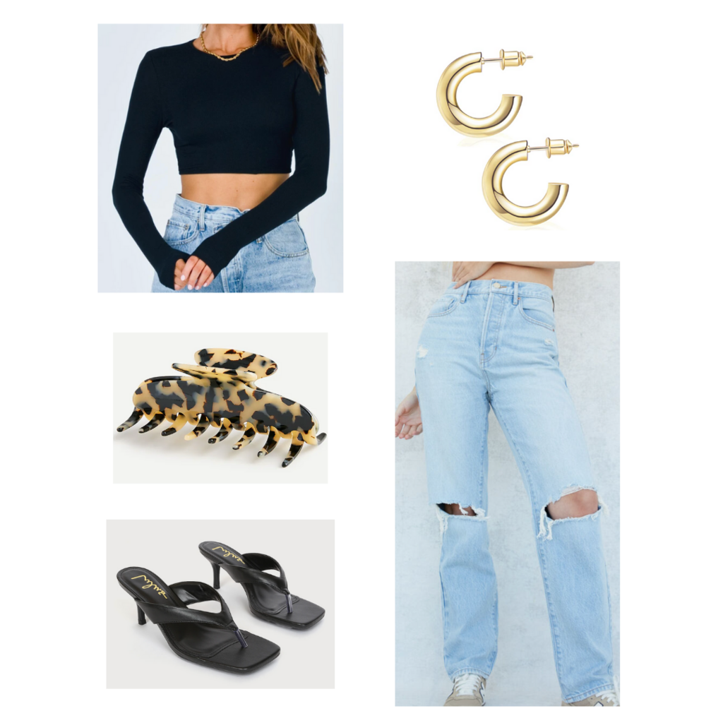 Crop top outfit #3: Wide leg jeans, long sleeve crop top, square toe sandals, claw clip, mini hoops