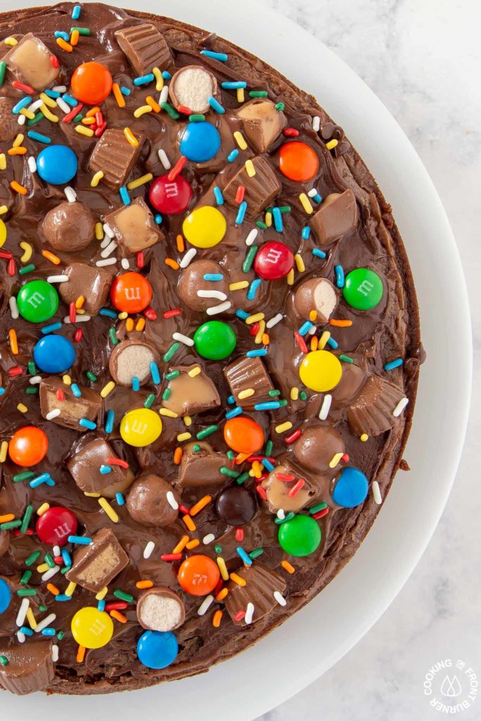 Brownie dessert pizza on a plate