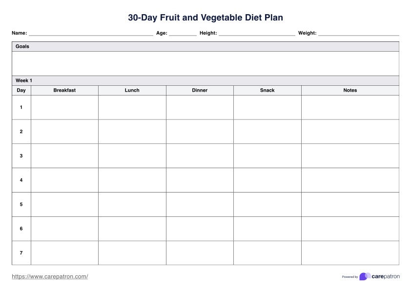 30-दिवसीय फल और सब्जी आहार योजना PDF Example