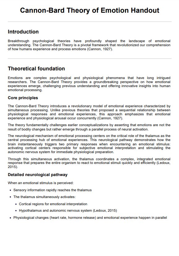 Cannon-Bard Theory of Emotion Handout PDF Example