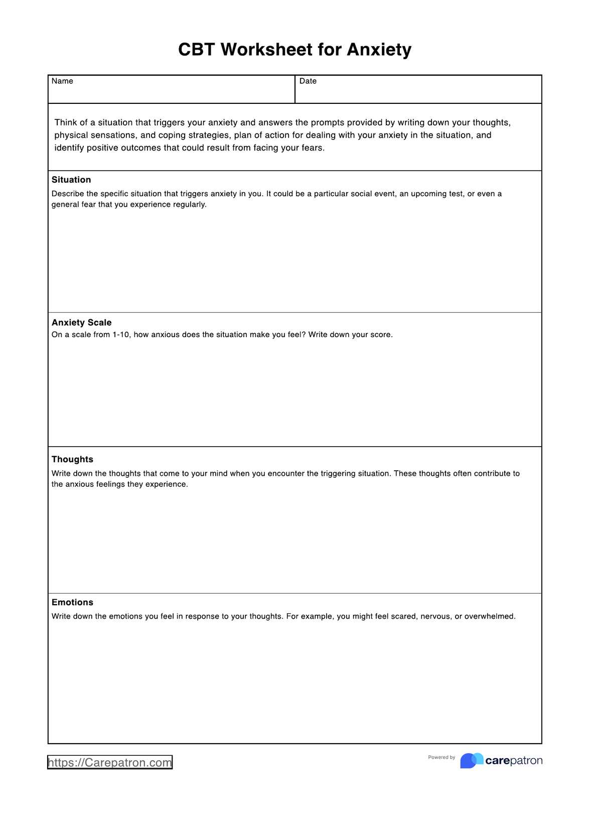 CBT Worksheet for Anxiety PDF Example