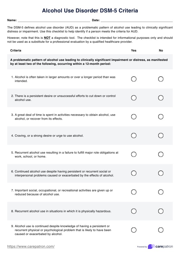 Alcohol Use Disorder DSM-5 Criteria PDF Example