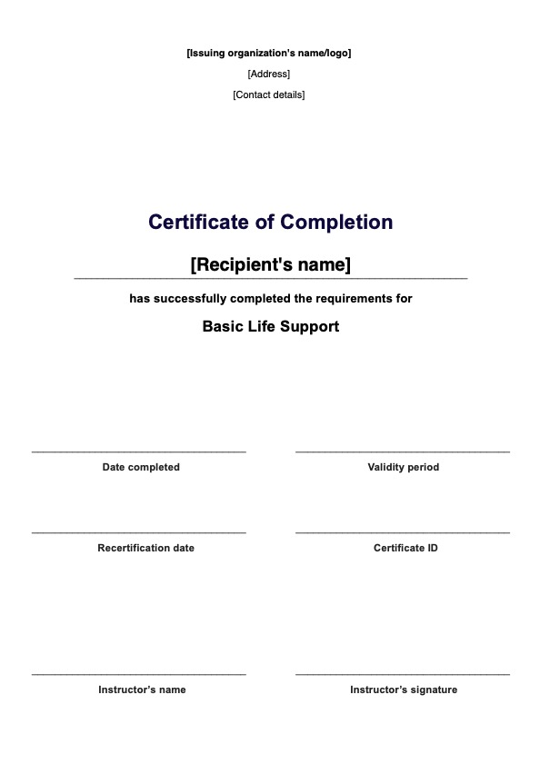 Basic Life Support Certificate PDF Example