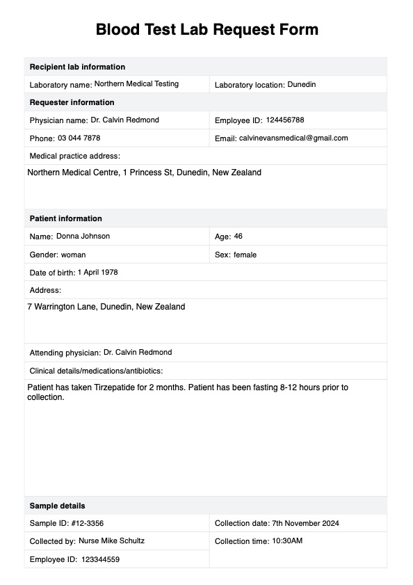 Blood Test Lab Request Form PDF Example