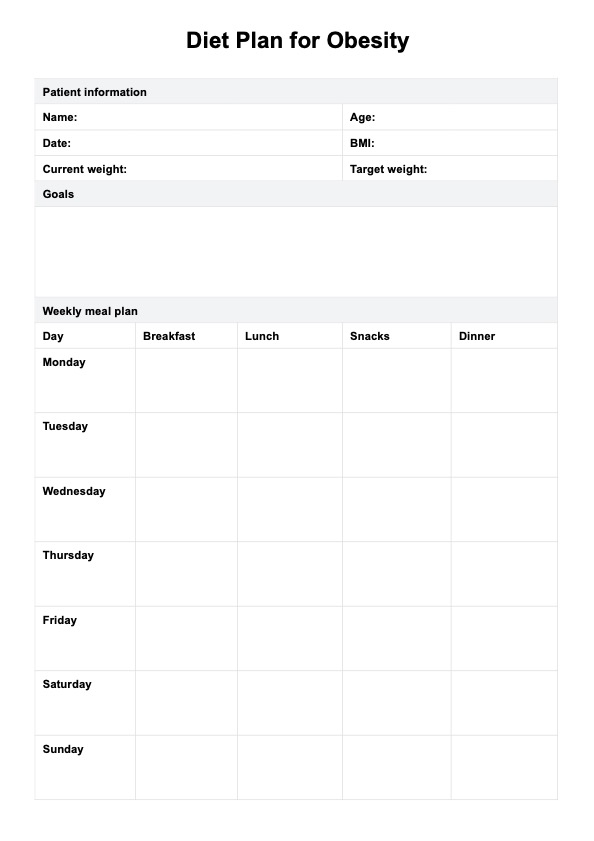 मोटापे के लिए डाइट प्लान PDF Example
