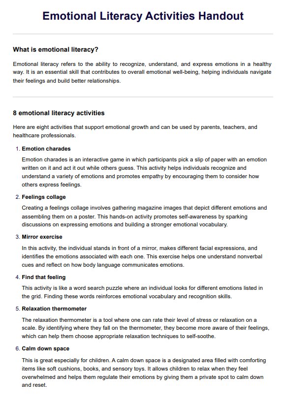 Emotional Literacy Activities Handout PDF Example