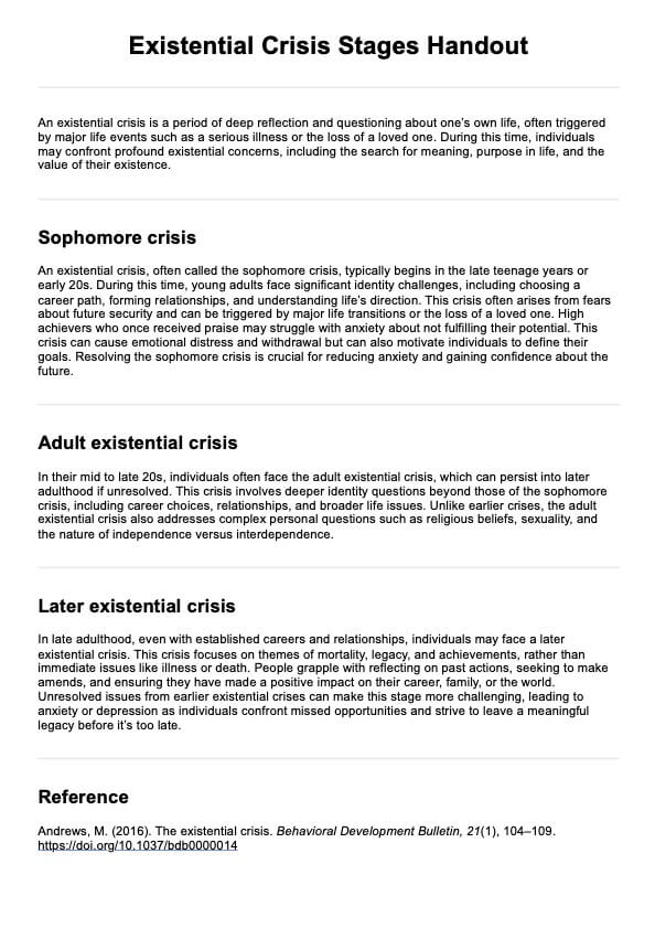 Existential Crisis Stages Handout PDF Example