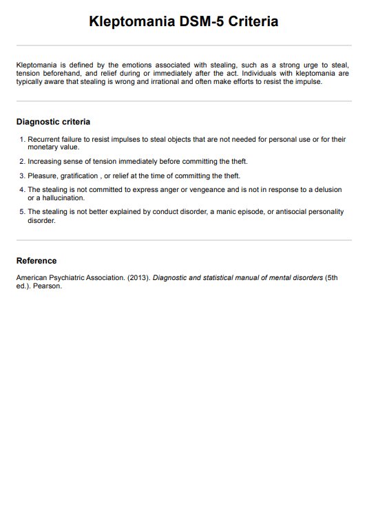 Kleptomania DSM-5 Criteria PDF Example