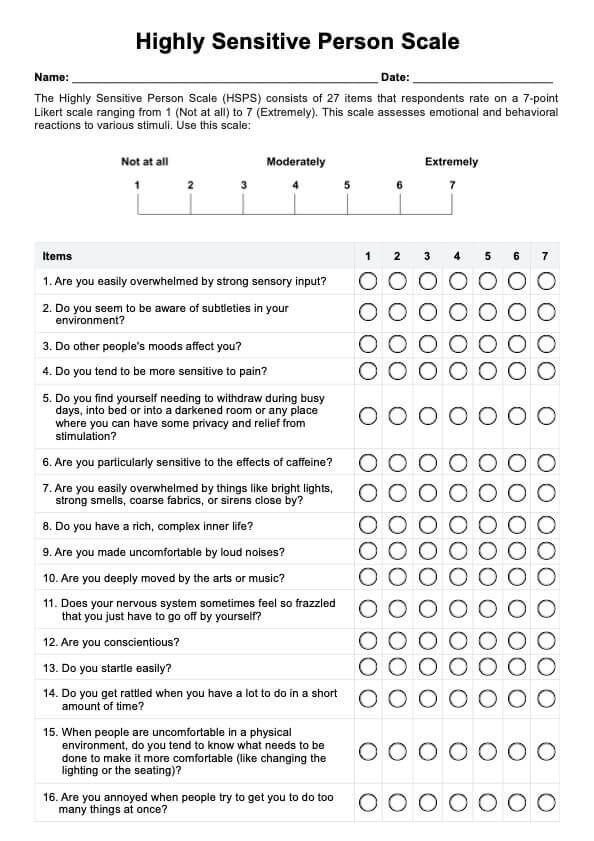 Highly Sensitive Person Scale PDF Example