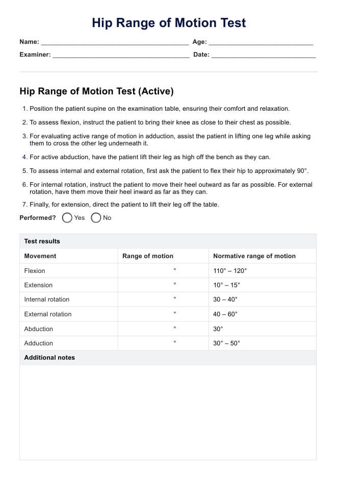 Hip Range of Motion Test PDF Example