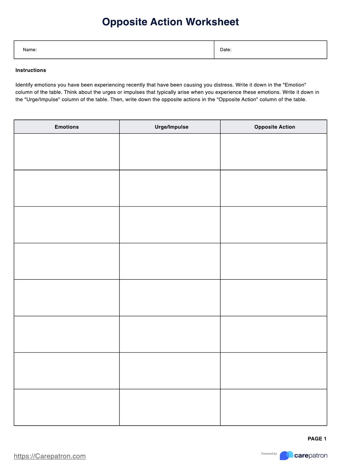 Opposite Action Worksheet PDF Example