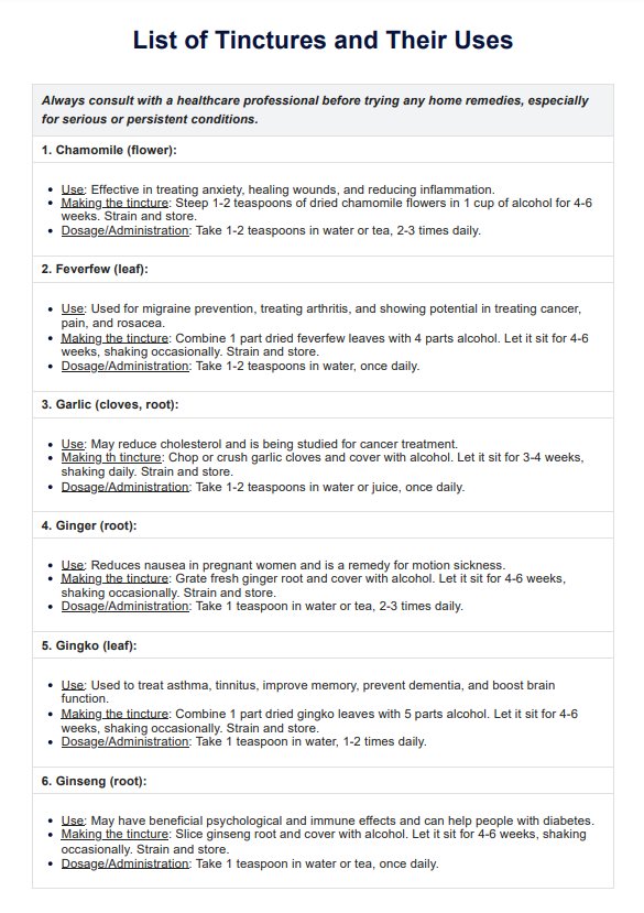 टिंचर्स और उपयोगों की सूची PDF Example