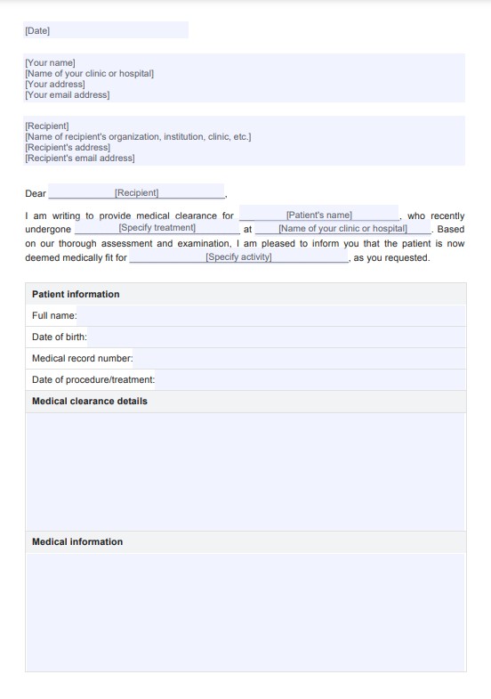मेडिकल क्लीयरेंस लेटर PDF Example