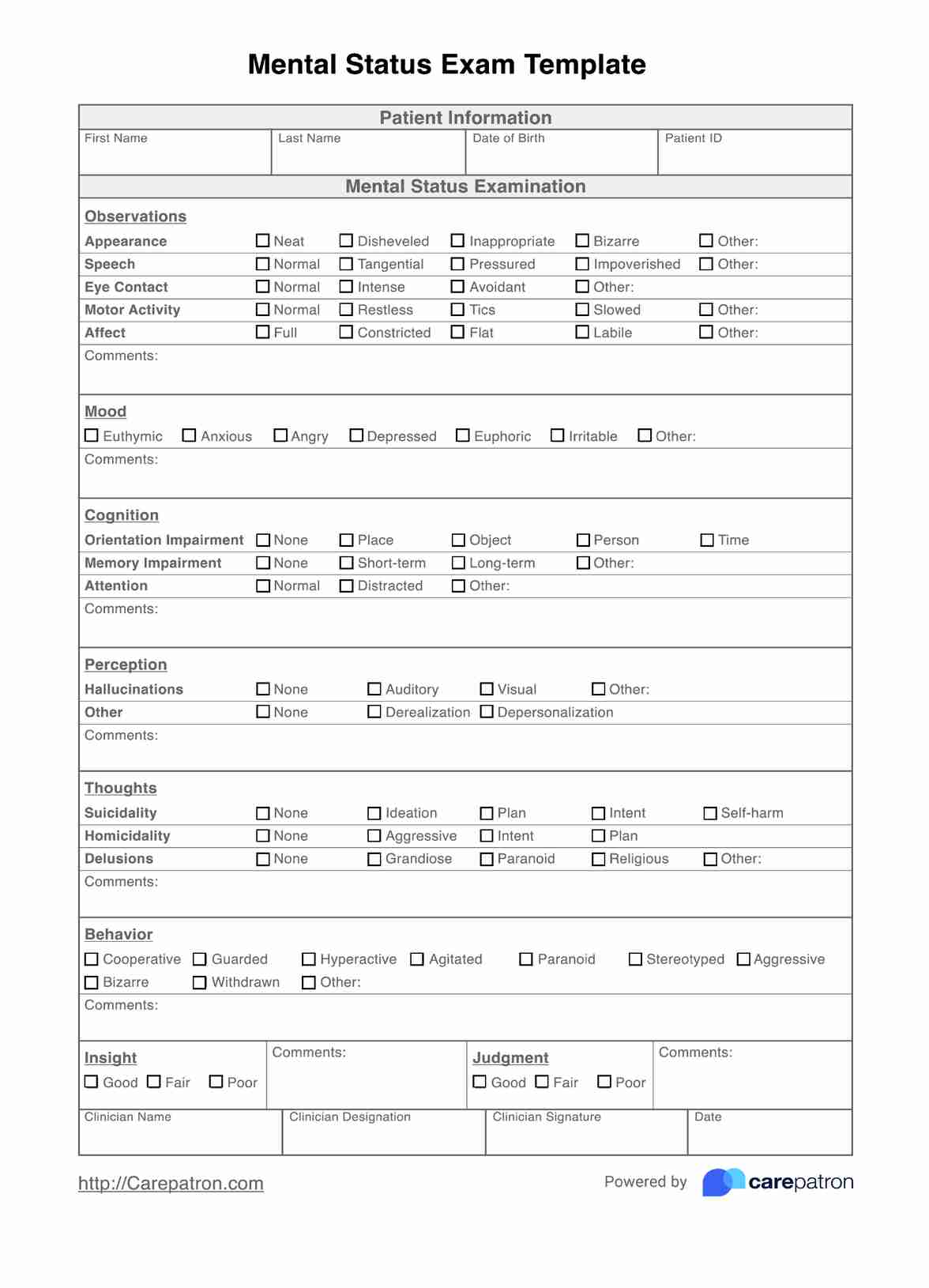 Mal for mental status eksamen PDF Example