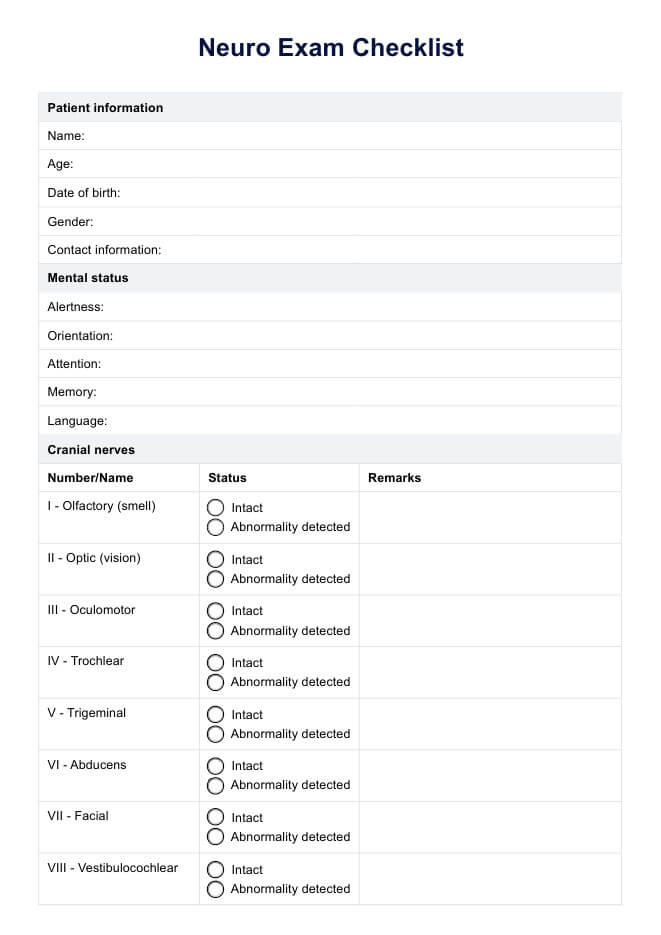 न्यूरो परीक्षा चेकलिस्ट PDF Example
