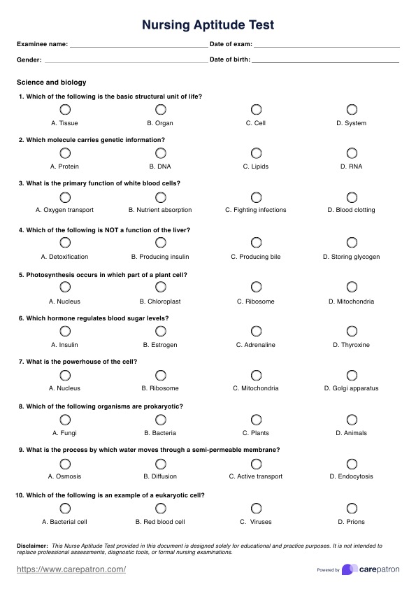 नर्सिंग एप्टीट्यूड टेस्ट PDF Example