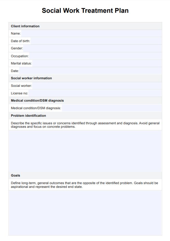 Behandlingsplaner for sosialt arbeid PDF Example