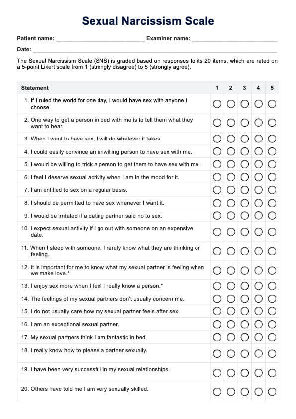 Sexual Narcissism Test PDF Example