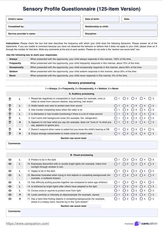 Spørreskjema for sensorisk profil PDF Example