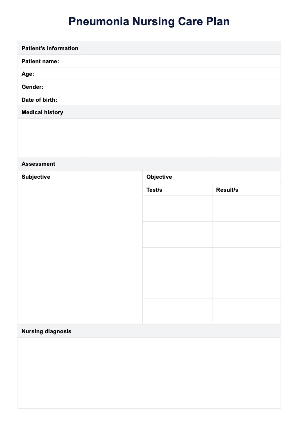 निमोनिया नर्सिंग केयर प्लान PDF Example