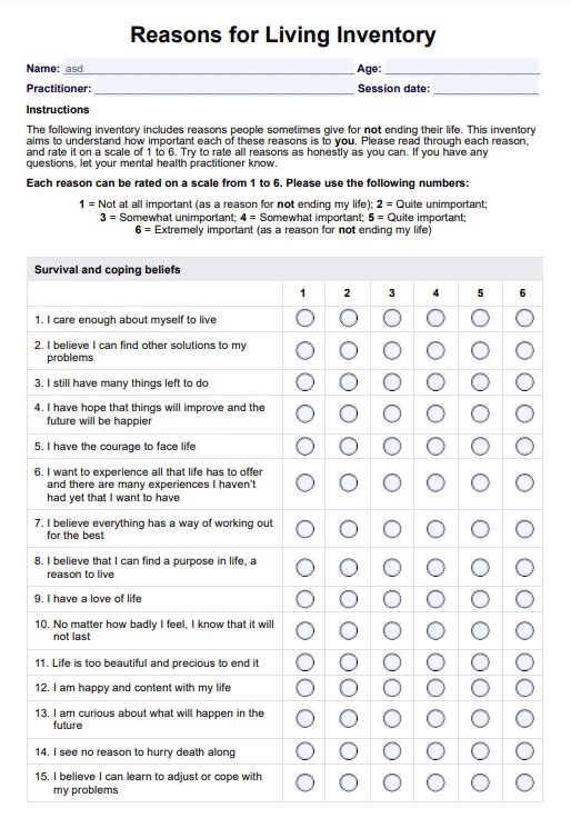 Reasons for Living Inventory PDF Example