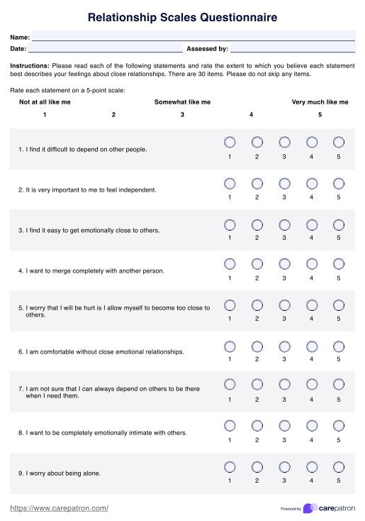 Relationship Scales Questionnaire PDF Example