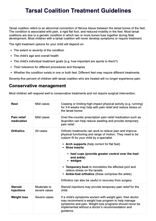 Tarsal Coalition Treatment Guidelines Handout PDF Example