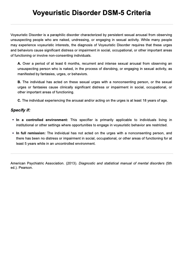 Voyeuristic Disorder DSM-5 Criteria PDF Example