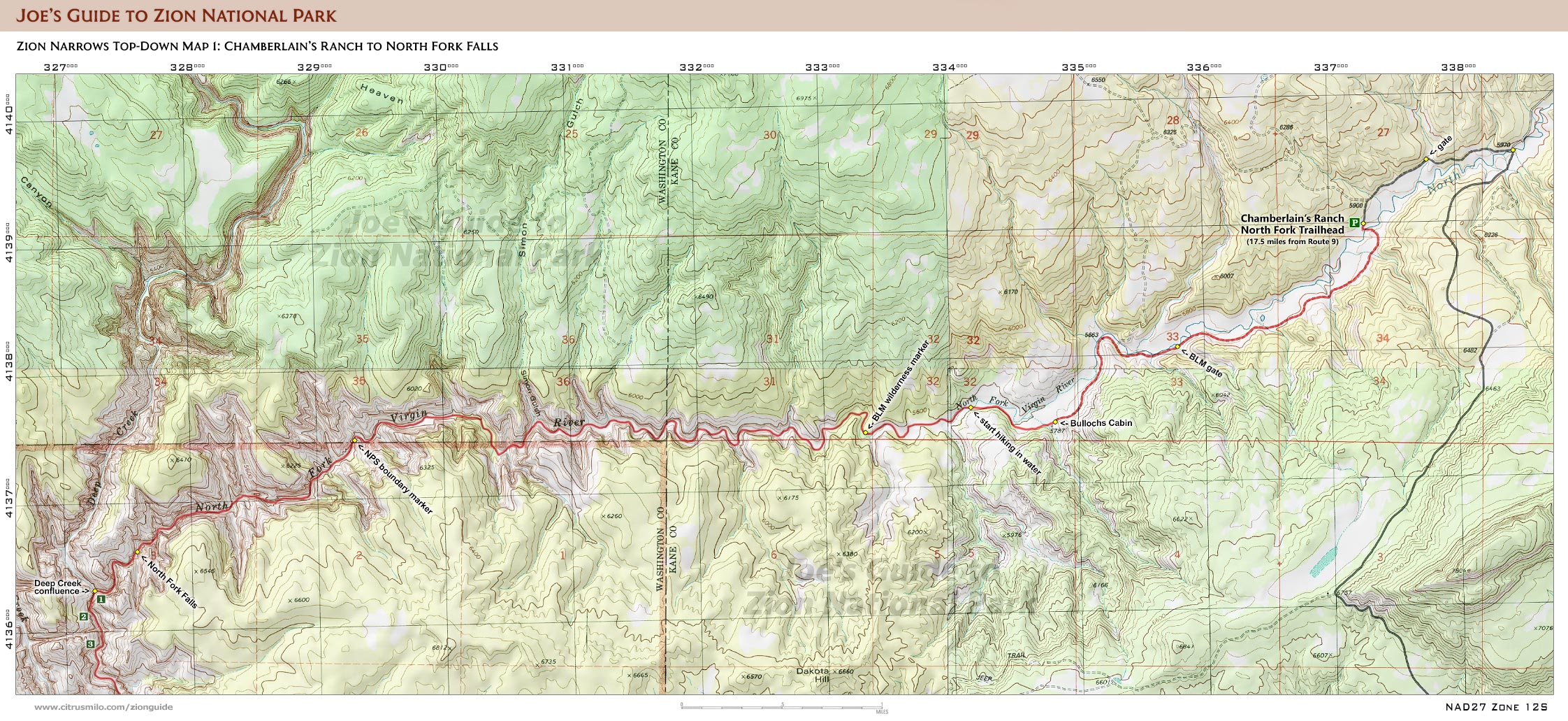 Printable topographic map with UTM grid for Zion Narrows Top-Down Route, Chamberlain's Ranch to North Fork Falls. (Zion National Park)