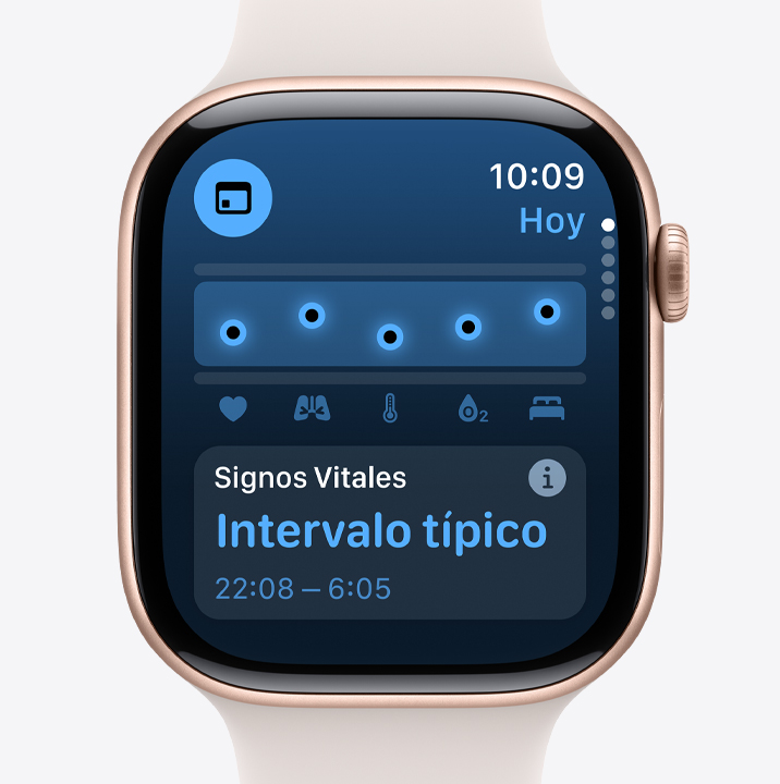 Pantalla de la app Signos Vitales con datos de salud nocturnos normales en un Apple Watch Series 10.