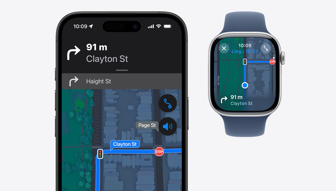 Un iPhone y un Apple Watch muestran indicaciones detalladas.