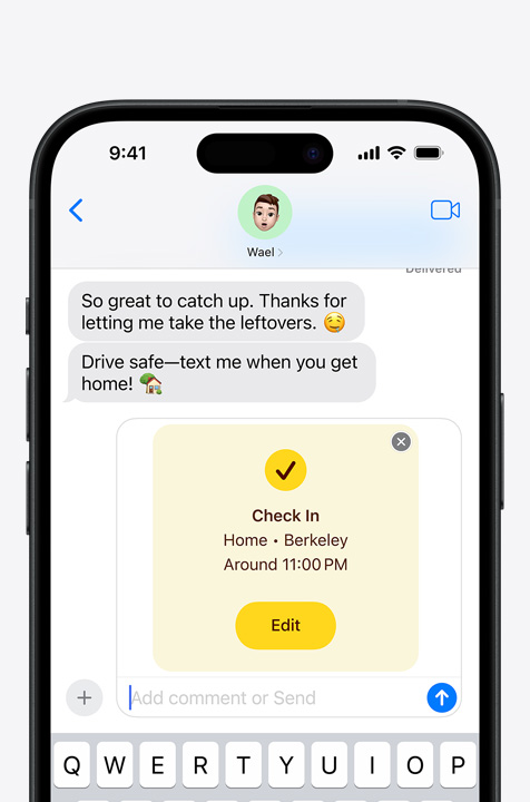 Text exchange showing "Check-in" safety feature.